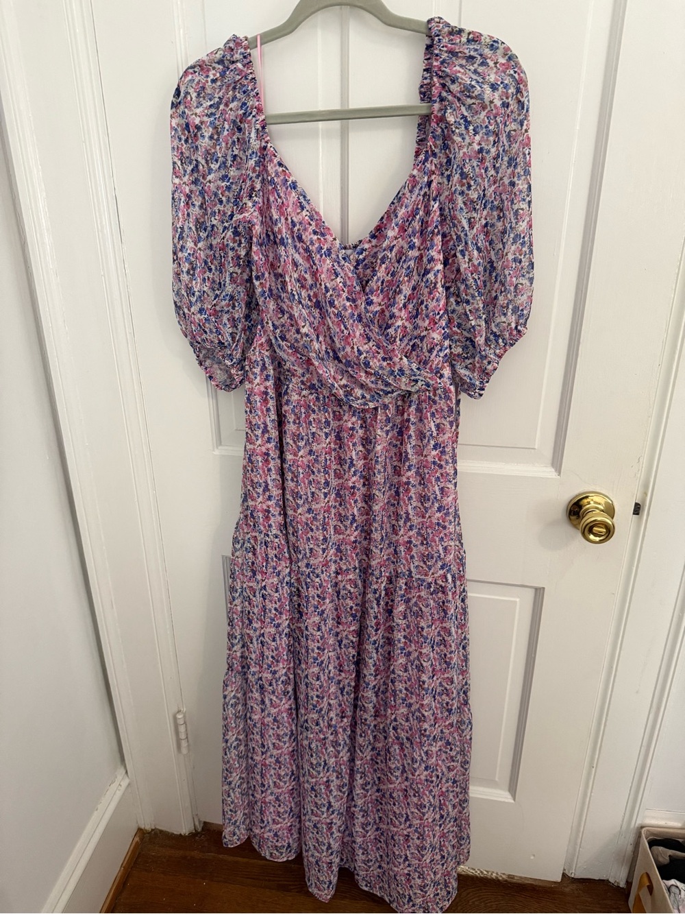 Lucy Paris Pink & Blue Floral Maxi Dress with Puff Sleeves